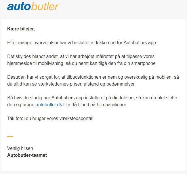 Autobutler lukker deres app